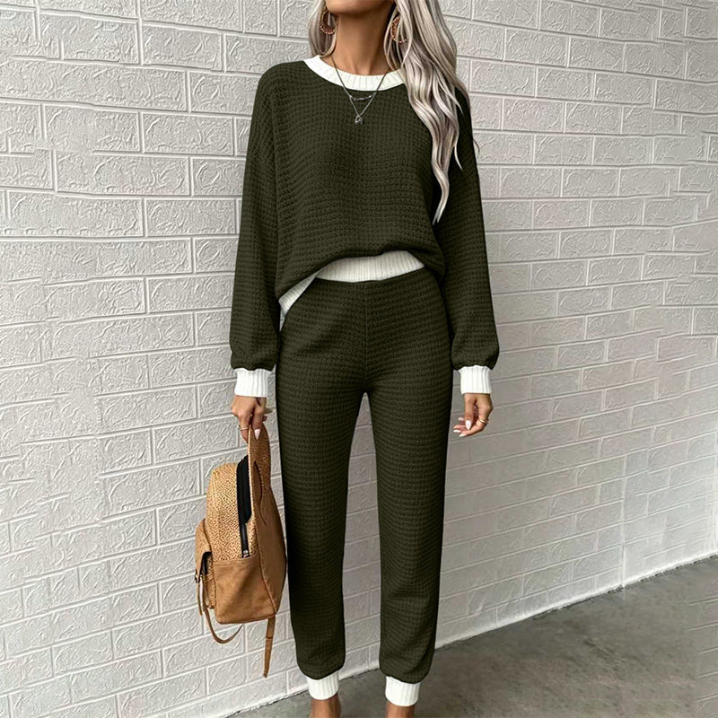 🧶 Women's Textured Waffle Knit 2-Piece Set with Contrast Trim ✨