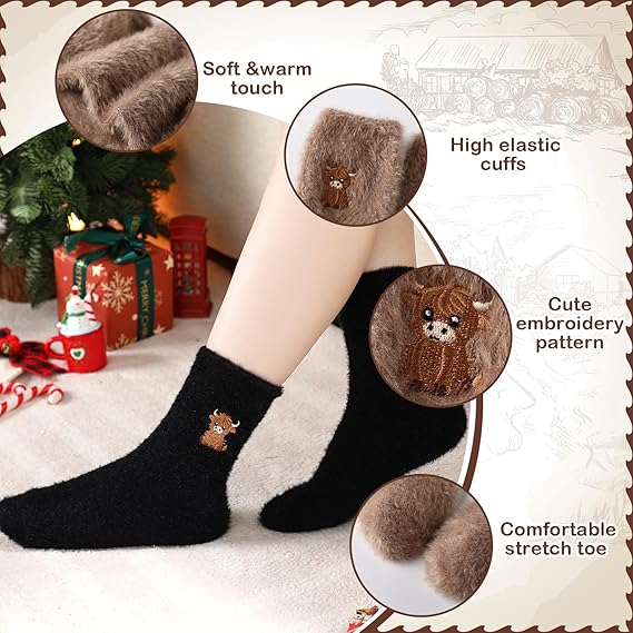 ⏳LAST DAY SALE 50% OFF!🔥Women's Cute Warm Highland Cow Embroidered Plush Socks