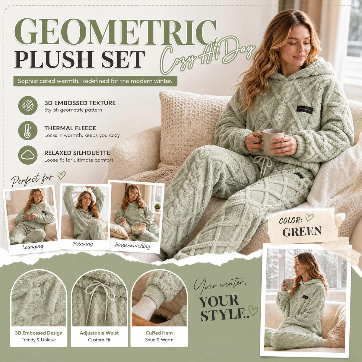 Embossed Geometric Plush Set – Warm embossed plush matching set, trendy & cozy for cold days🍂👚