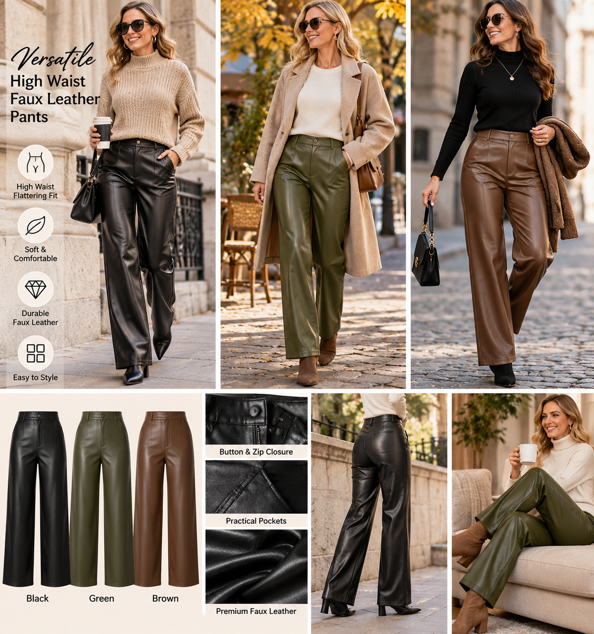 👖 Women's High-Stretch Faux Leather Trousers with Flattering High-Waist & Straight-Leg Fit ✨
