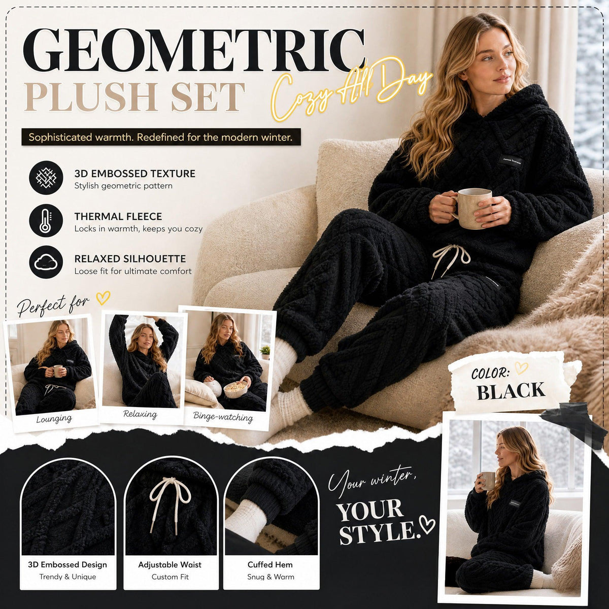 🍂 Embossed Geometric Plush Set – Timeless Comfort & Effortless Style For Every Occasion