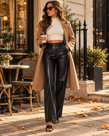 👖 Women's High-Stretch Faux Leather Trousers with Flattering High-Waist & Straight-Leg Fit ✨