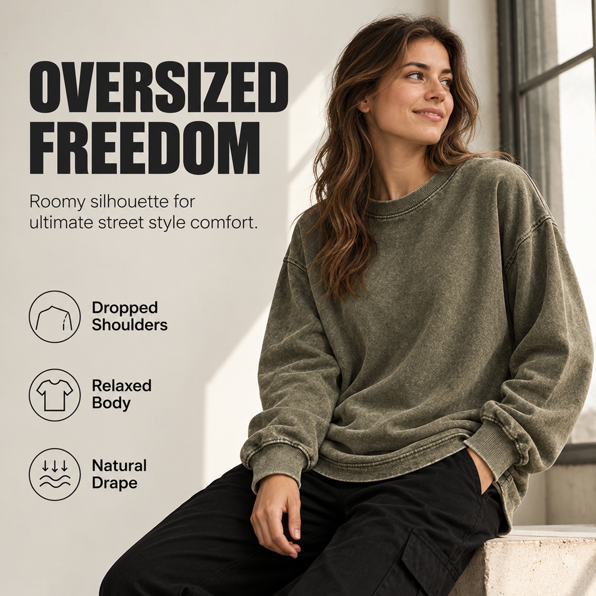 🖤Black Friday Sale🖤🔥 Vintage-Washed Oversized Long-Sleeve T-Shirt with Dropped Shoulders & Durable Ribbed Cuffs 🧥