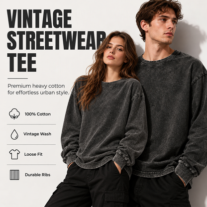 🖤Black Friday Sale🖤🔥 Vintage-Washed Oversized Long-Sleeve T-Shirt with Dropped Shoulders & Durable Ribbed Cuffs 🧥