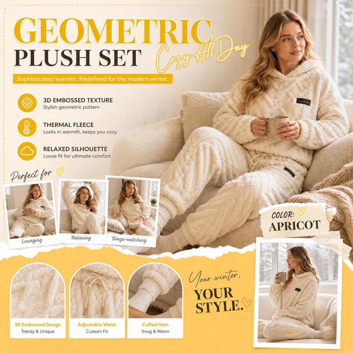 Embossed Geometric Plush Set – Warm embossed plush matching set, trendy & cozy for cold days🍂👚