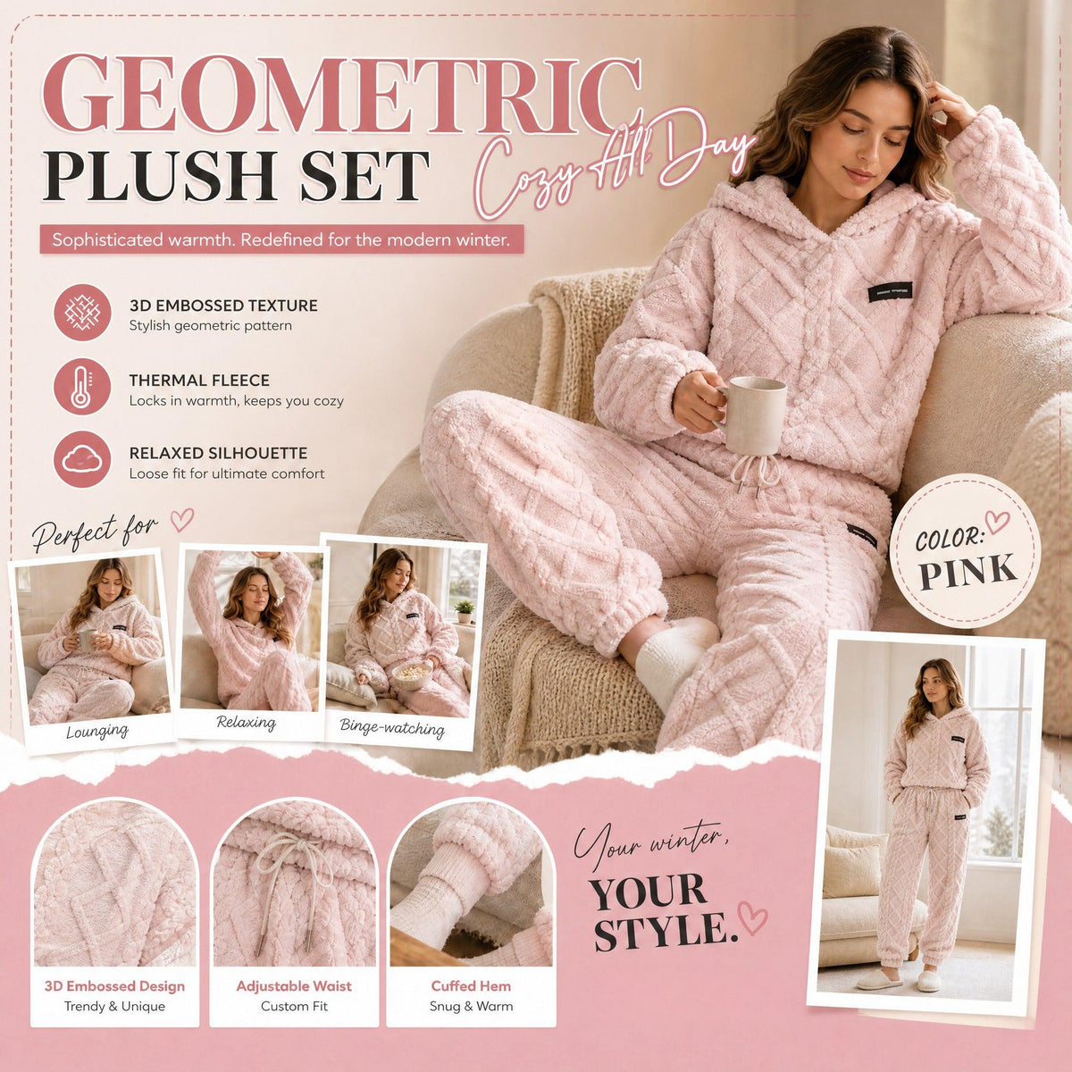 Embossed Geometric Plush Set – Warm embossed plush matching set, trendy & cozy for cold days🍂👚