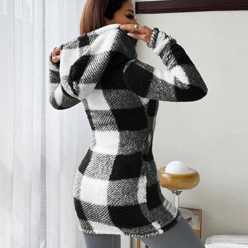 💖 Classic Plaid, Cozy Long-Line Coverage 🍂Women's Zip-Up Hooded Jacket