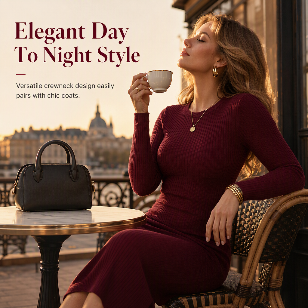 💖Black Friday Mega Deal – 50% off!💖🌹 Women's Long Sleeve Rib Knit Crewneck Bodycon Maxi Dress