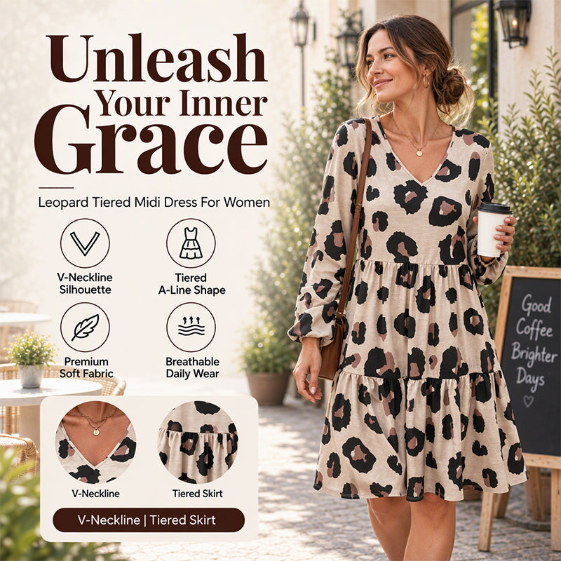 💖Black Friday Mega Deal – 50% off!💖 🐆Women's Leopard Print V-Neck Long Sleeve Dress