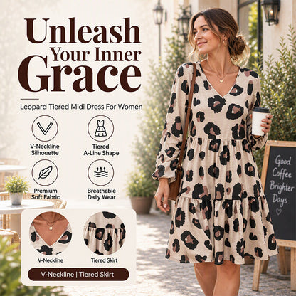 💖Black Friday Mega Deal – 50% off!💖 🐆Women's Leopard Print V-Neck Long Sleeve Dress