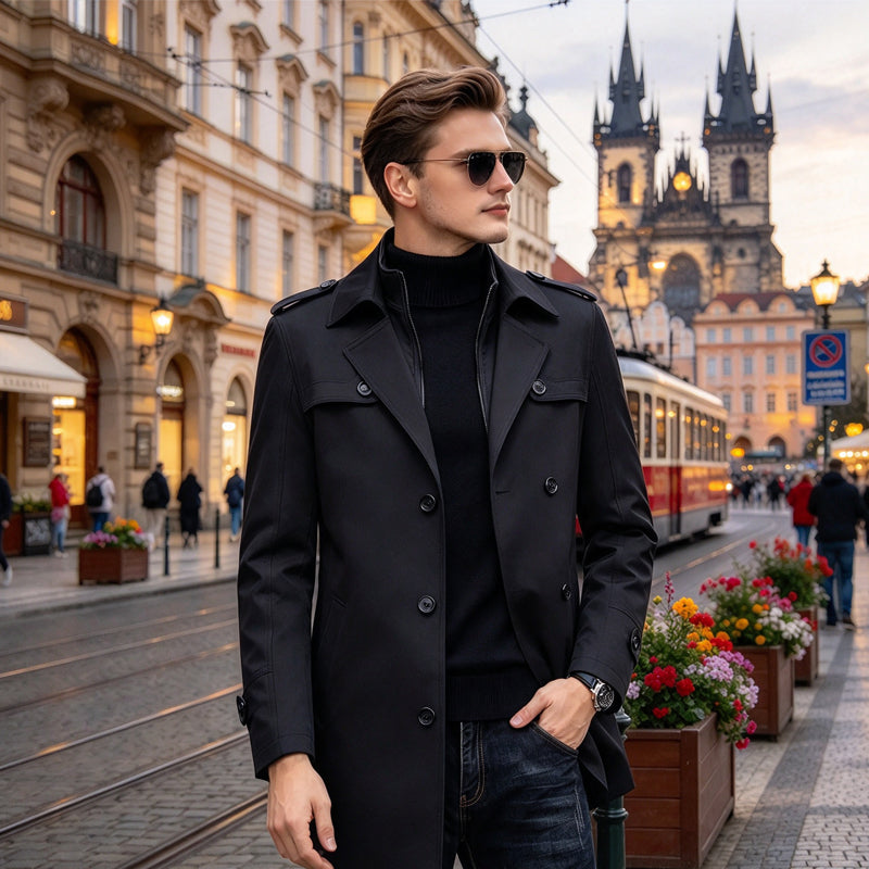 Men's Mid-Length Trench Coat with Detachable Liner