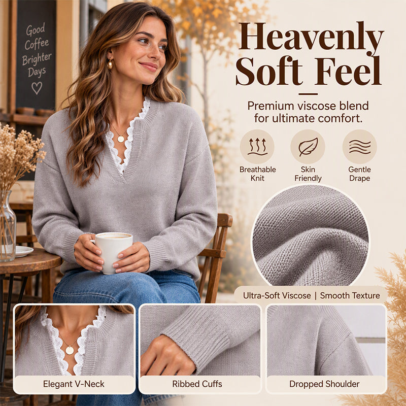 💖Black Friday Mega Deal – 50% off!💖 🍂 Women's Mock Neck Lace Trim Knit Sweater
