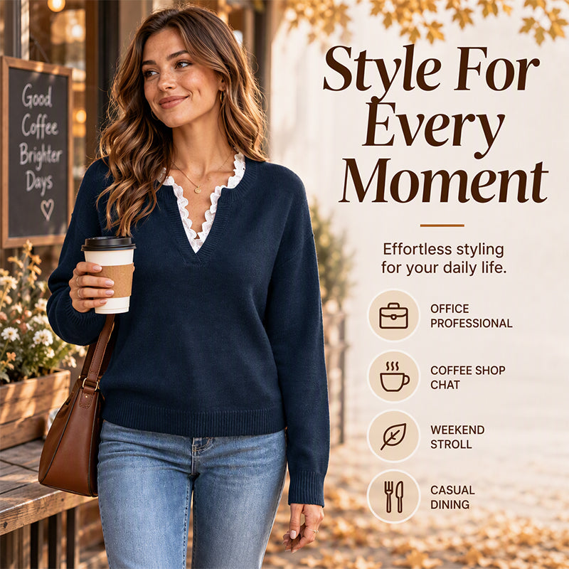 💖Black Friday Mega Deal – 50% off!💖 🍂 Women's Mock Neck Lace Trim Knit Sweater
