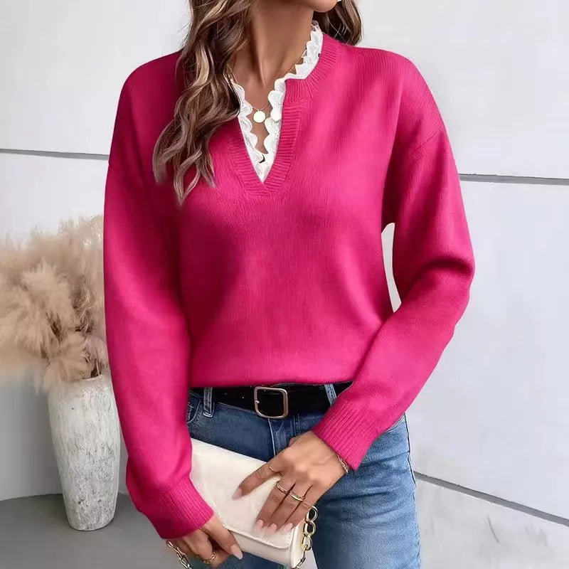 💖Black Friday Mega Deal – 50% off!💖 🍂 Women's Mock Neck Lace Trim Knit Sweater