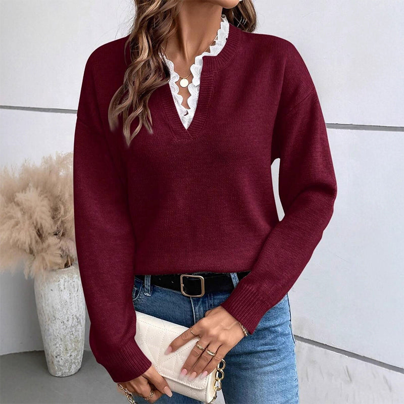 💖Black Friday Mega Deal – 50% off!💖 🍂 Women's Mock Neck Lace Trim Knit Sweater