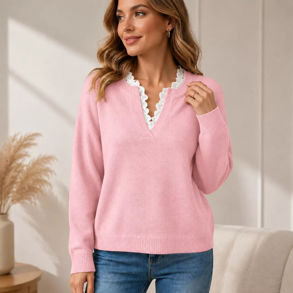 💖Black Friday Mega Deal – 50% off!💖 🍂 Women's Mock Neck Lace Trim Knit Sweater