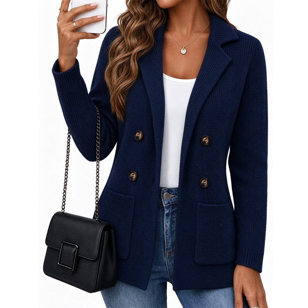 🖤Black Friday Sale🖤🧥 Women's Double-Breasted Ribbed Knit Cardigan with Notched Lapels & Pockets ✨