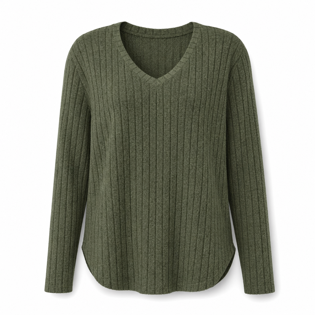 💖Black Friday Mega Deal – 50% off!💖 Women's Plus Size V Neck Long Sleeve Ribbed Brushed T-Shirt Loose Fit Solid Color Pullover Top