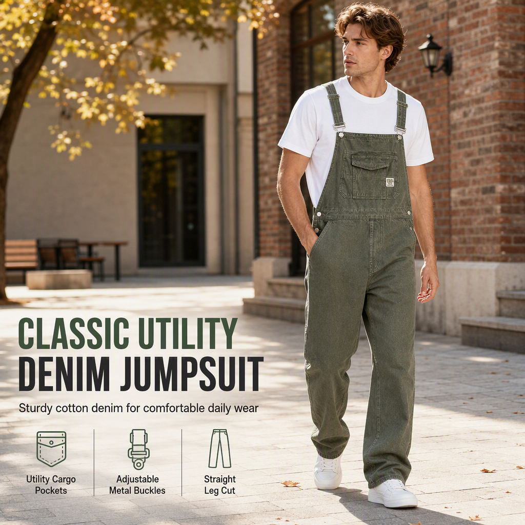 Men's Casual Loose Straight Leg Denim Overalls
