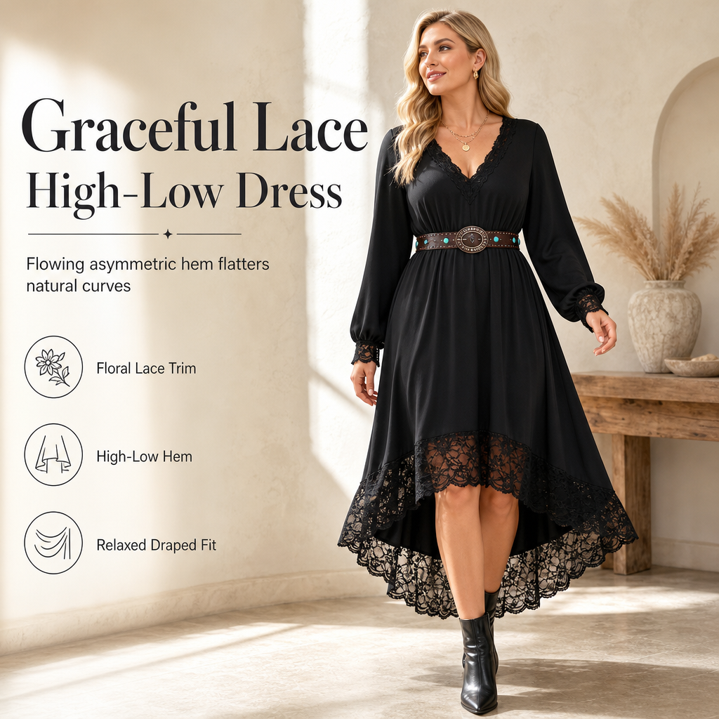 🖤 Women's Elegant Floral Lace Dress with Flowing High-Low Hem ✨