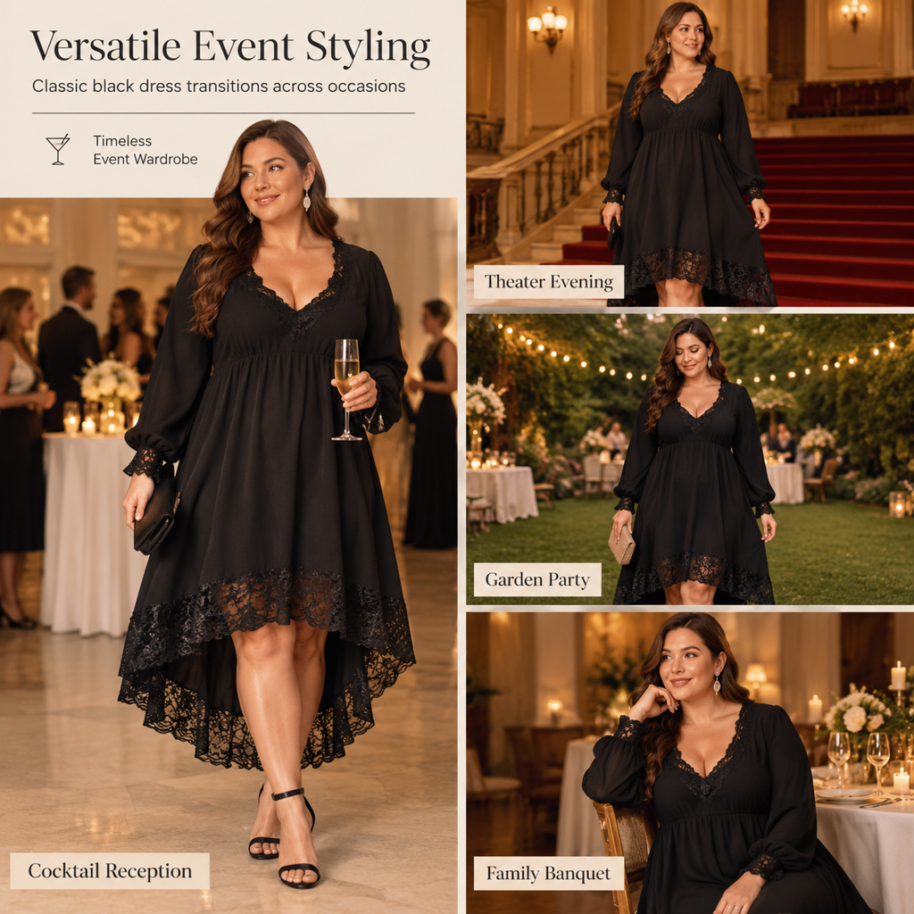 🖤 Women's Elegant Floral Lace Dress with Flowing High-Low Hem ✨