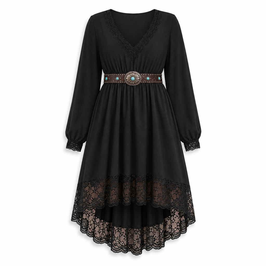 🖤 Women's Elegant Floral Lace Dress with Flowing High-Low Hem ✨