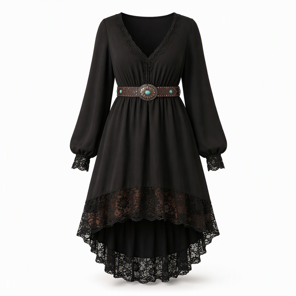 🖤 Women's Elegant Floral Lace Dress with Flowing High-Low Hem ✨