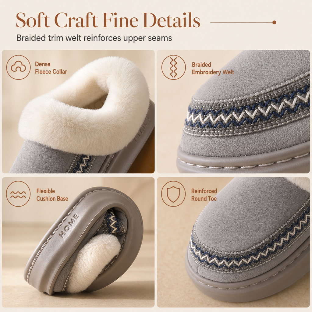 Womens Warm Thickened Slippers Non Slip Indoor Home House Shoes with Lace Trim