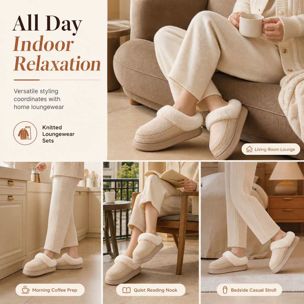 Womens Warm Thickened Slippers Non Slip Indoor Home House Shoes with Lace Trim