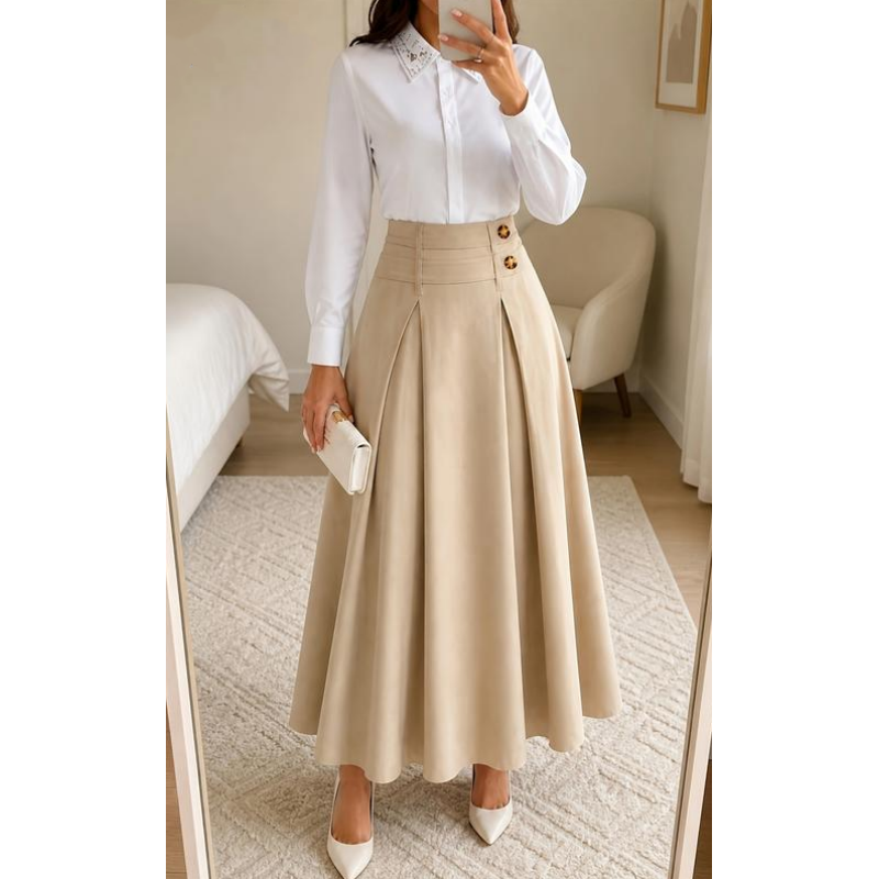 👗 Flattering Fit, All-Day Comfort | Women's High-Waisted Pleated A-Line Maxi Skirt