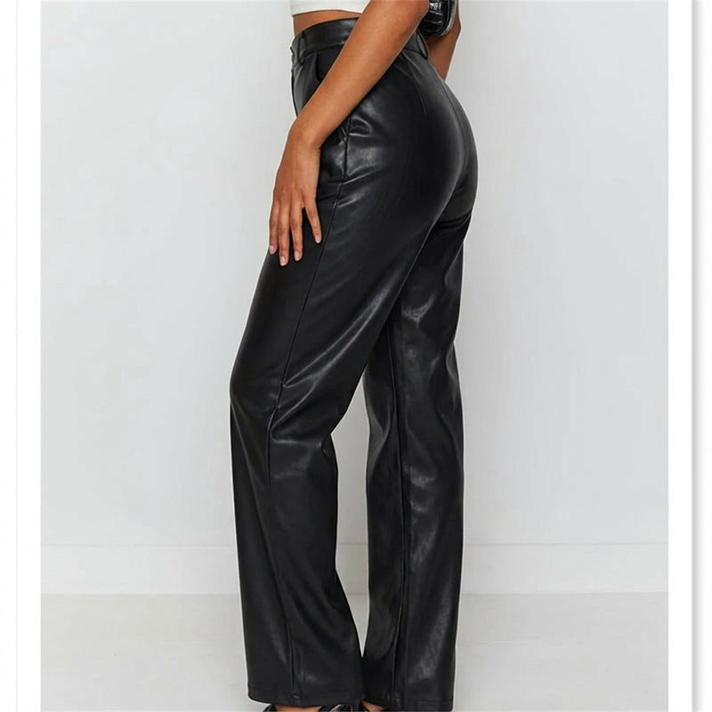 👖 Women's High-Stretch Faux Leather Trousers with Flattering High-Waist & Straight-Leg Fit ✨