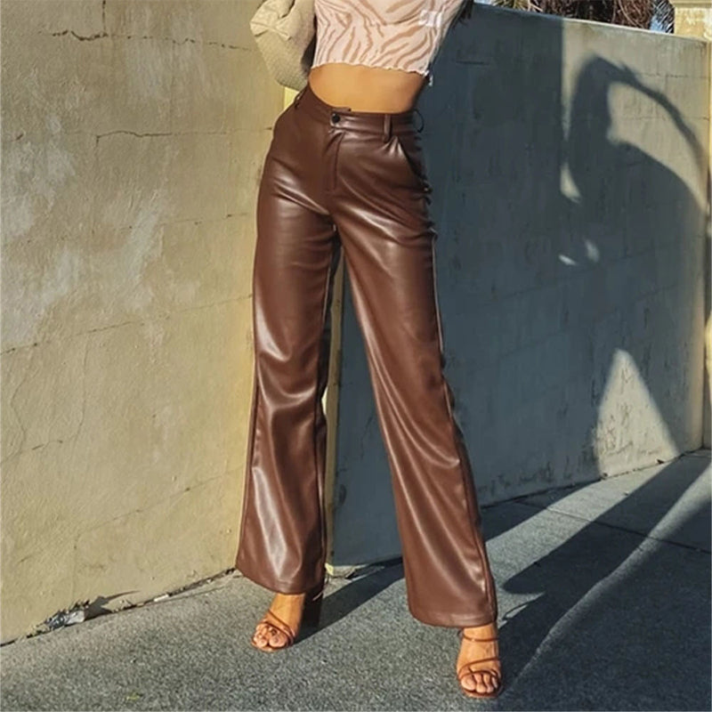 👖 Women's High-Stretch Faux Leather Trousers with Flattering High-Waist & Straight-Leg Fit ✨