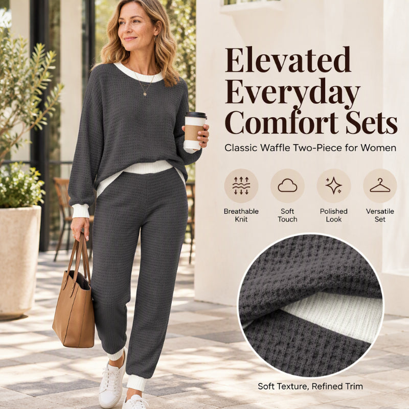 🧶 Women's Textured Waffle Knit 2-Piece Set with Contrast Trim ✨