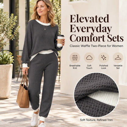 🧶 Women's Textured Waffle Knit 2-Piece Set with Contrast Trim ✨