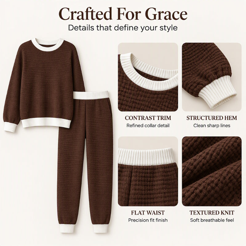🧶 Women's Textured Waffle Knit 2-Piece Set with Contrast Trim ✨