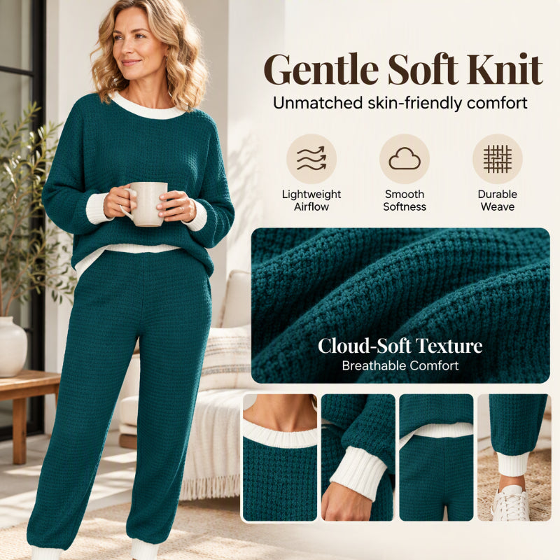 🧶 Women's Textured Waffle Knit 2-Piece Set with Contrast Trim ✨