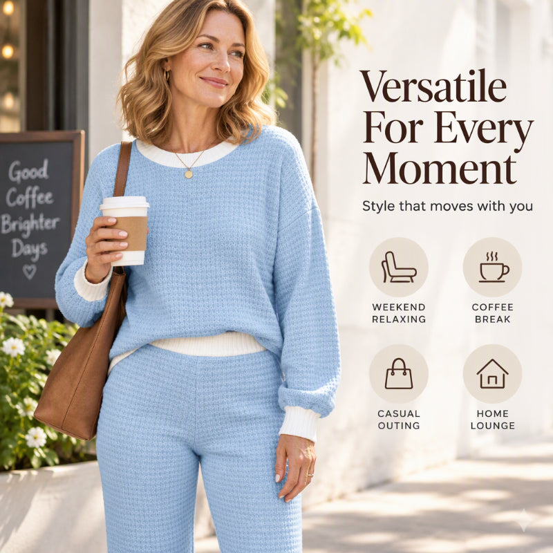 🧶 Women's Textured Waffle Knit 2-Piece Set with Contrast Trim ✨