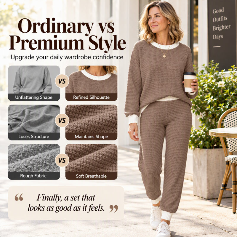 🧶 Women's Textured Waffle Knit 2-Piece Set with Contrast Trim ✨
