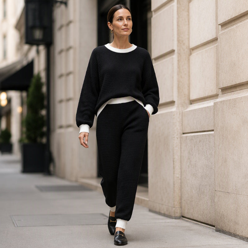 🧶 Women's Textured Waffle Knit 2-Piece Set with Contrast Trim ✨
