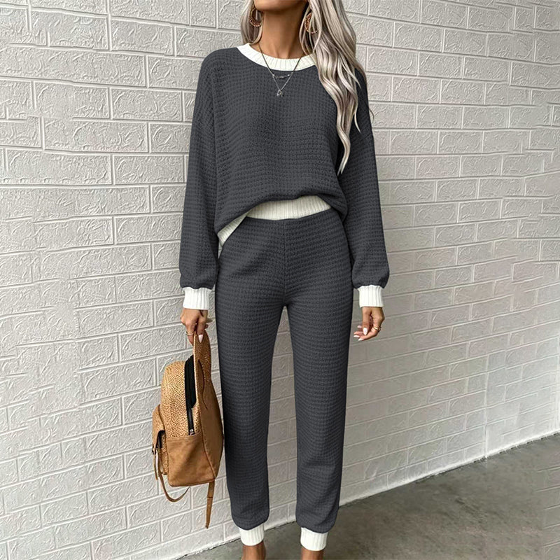 🧶 Women's Textured Waffle Knit 2-Piece Set with Contrast Trim ✨