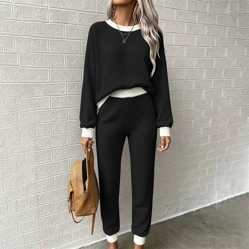 🧶 Women's Textured Waffle Knit 2-Piece Set with Contrast Trim ✨