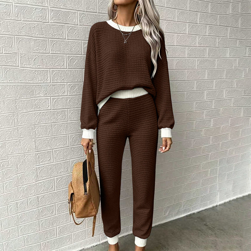 🧶 Women's Textured Waffle Knit 2-Piece Set with Contrast Trim ✨