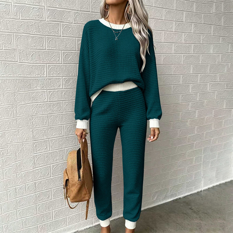 🧶 Women's Textured Waffle Knit 2-Piece Set with Contrast Trim ✨