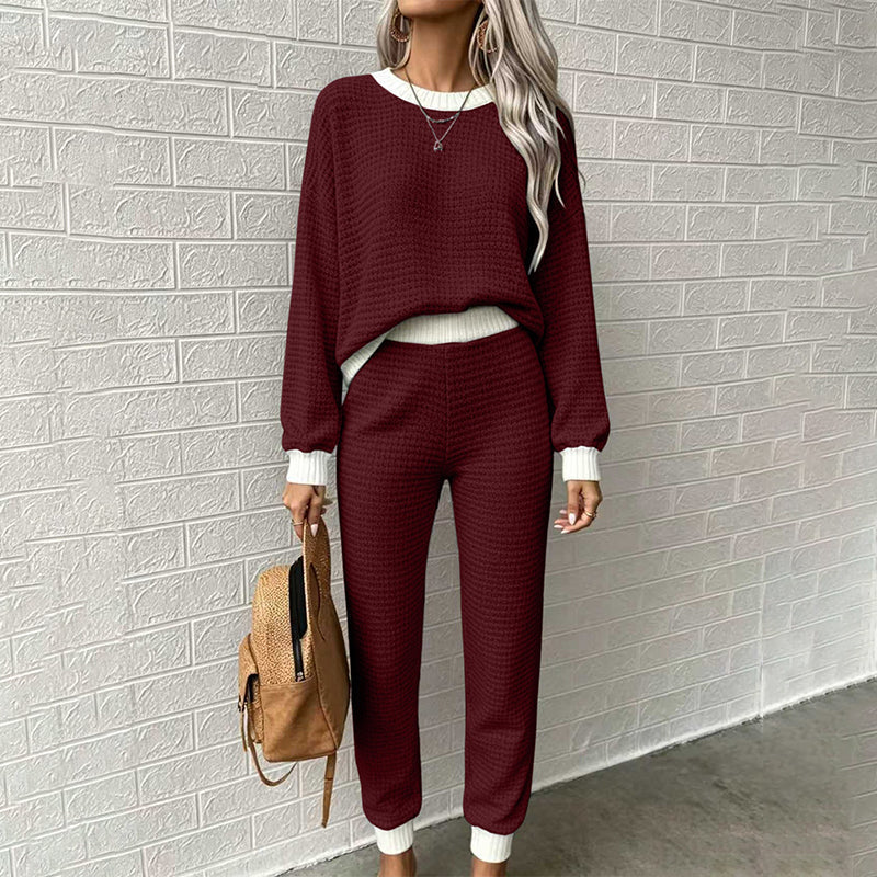 🧶 Women's Textured Waffle Knit 2-Piece Set with Contrast Trim ✨