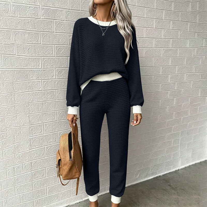 🧶 Women's Textured Waffle Knit 2-Piece Set with Contrast Trim ✨