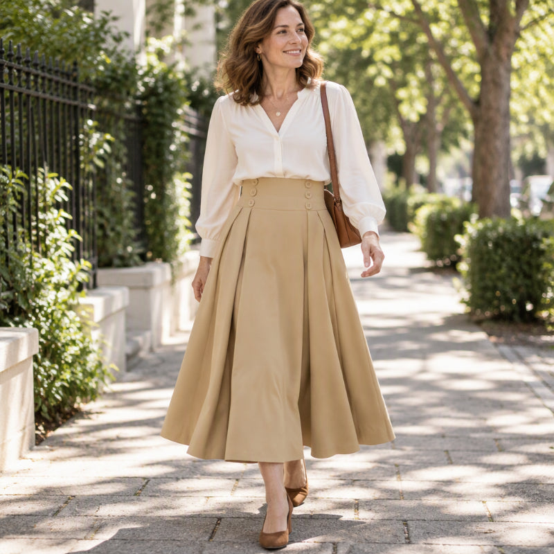 🖤Black Friday Sale🖤🌸 Women's High-Waisted Pleated Midi Skirt with Elegant Button Detail ✨